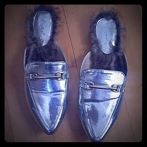 Metallic pointy mules gold buckle faux fur lined
